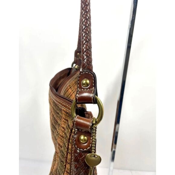 Fossil Ombre Shoulder Bag Orange Brown Red Fabric & Leather Handbag Small - Picture 4 of 6